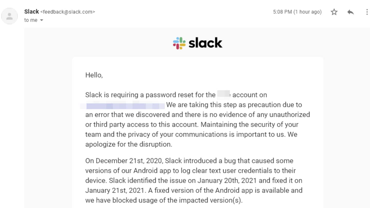 Slack emails some users to reset password, wipe app data