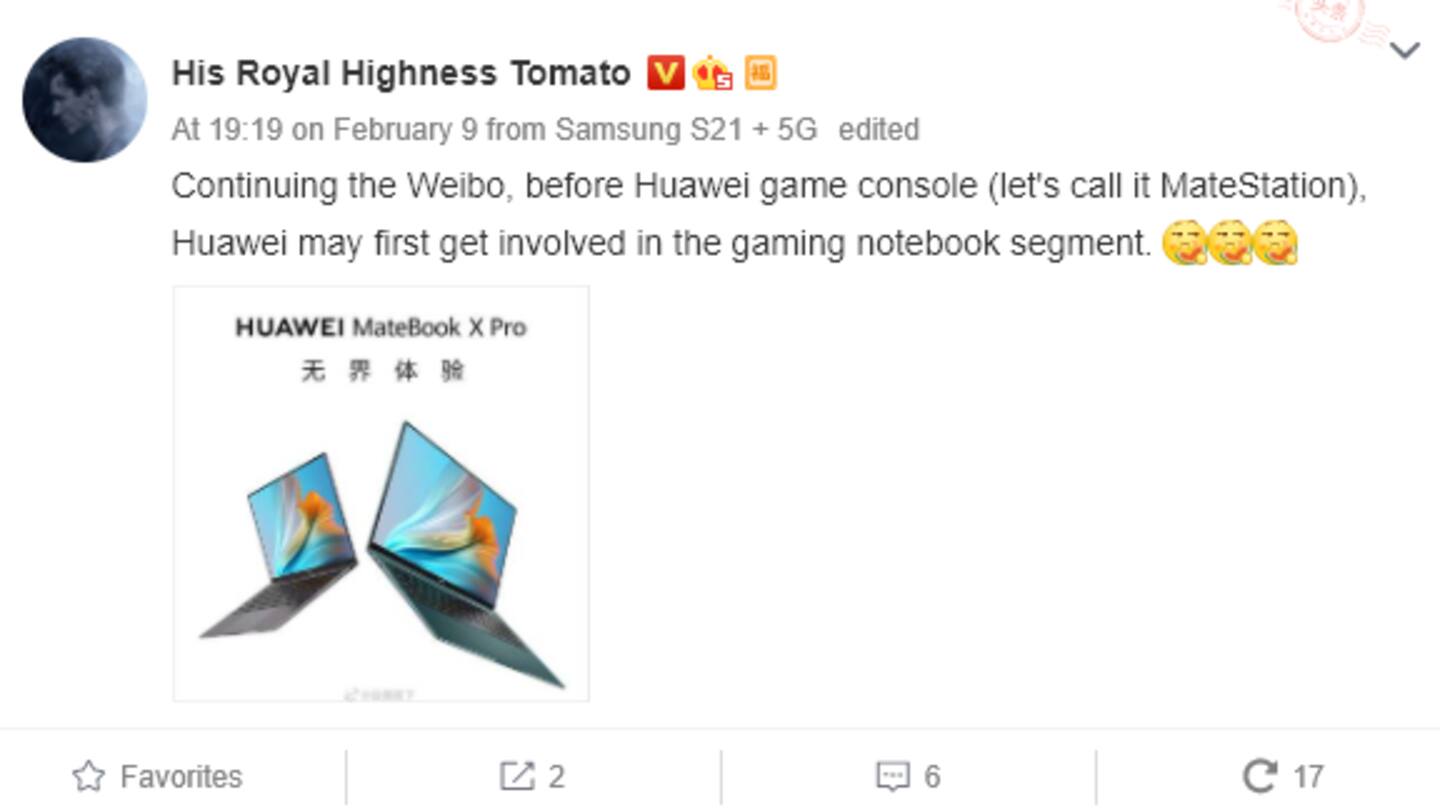 Weibo leak claims Huawei could launch gaming laptops and console