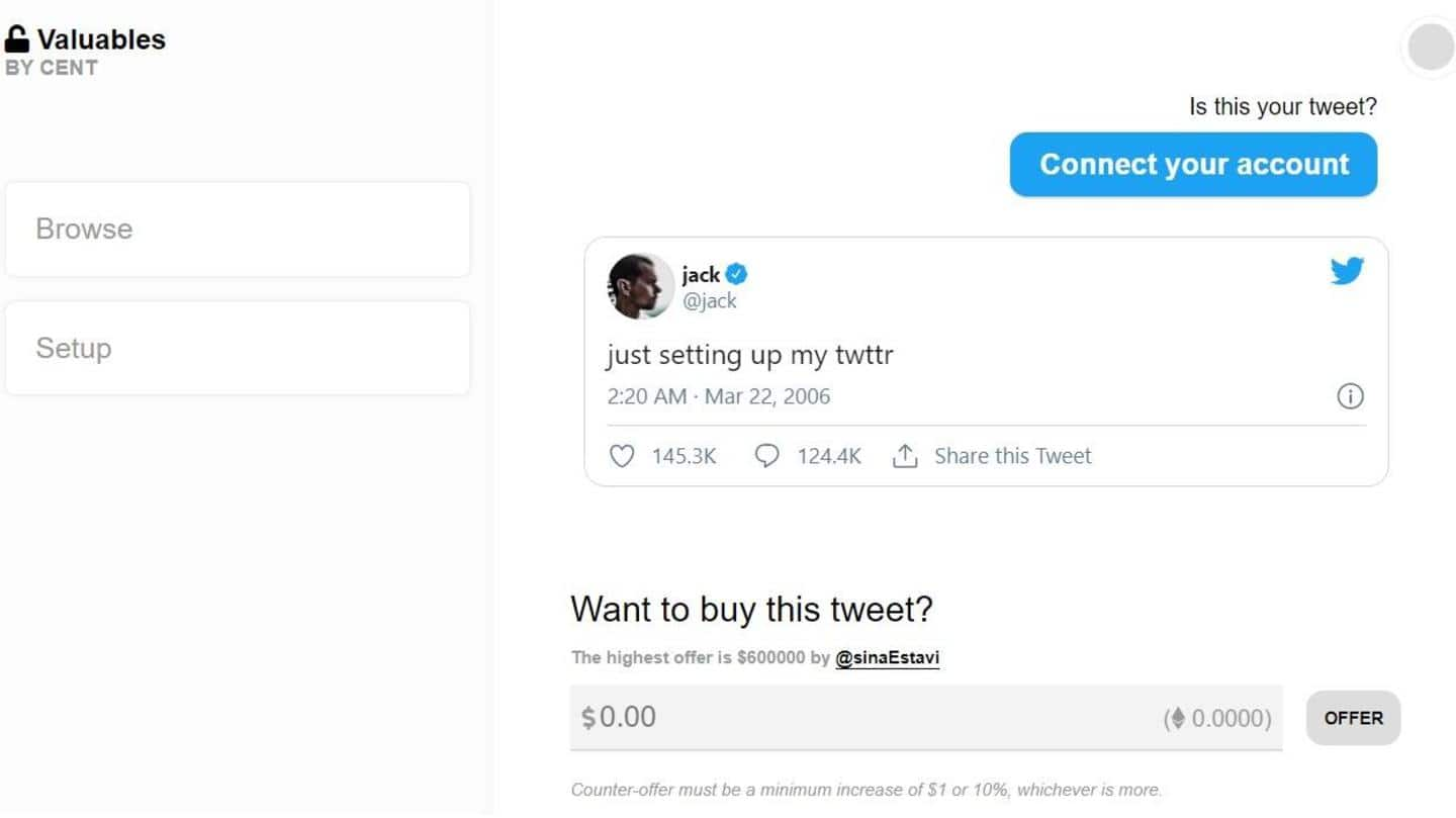 Twitter CEO Jack Dorsey is auctioning off the first-ever tweet