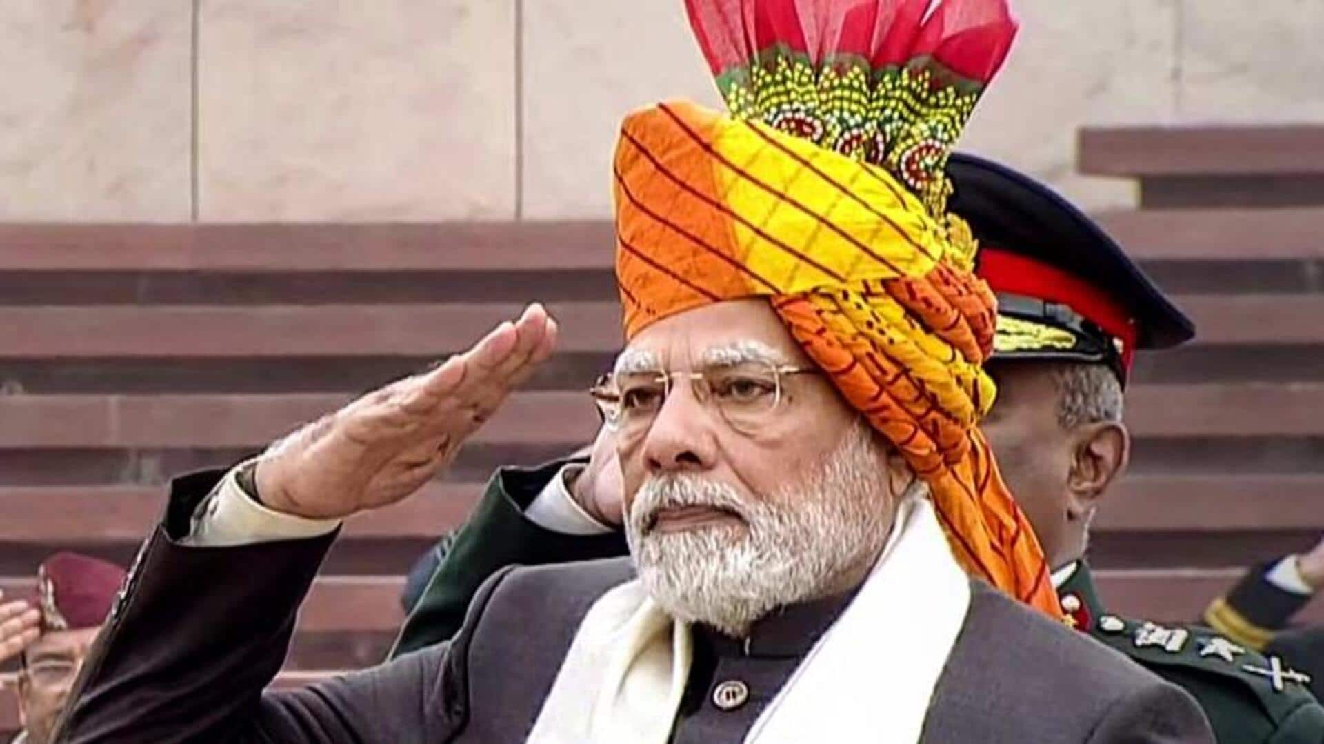 Republic Day: PM Modi dons yellow-red striped 'safa,' brown jacket