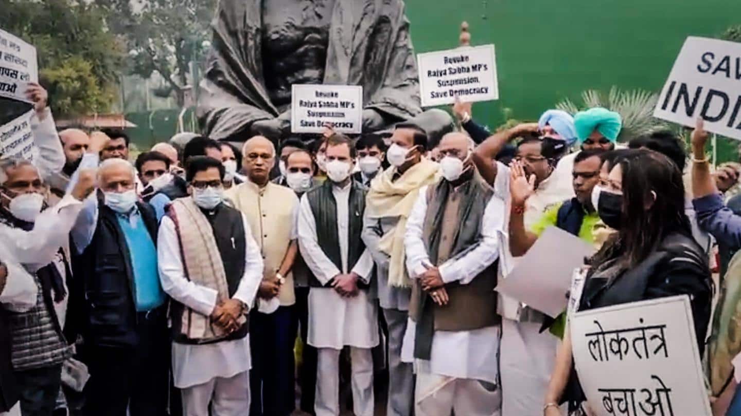 Rajya Sabha adjourned as Opposition protests MPs' suspension