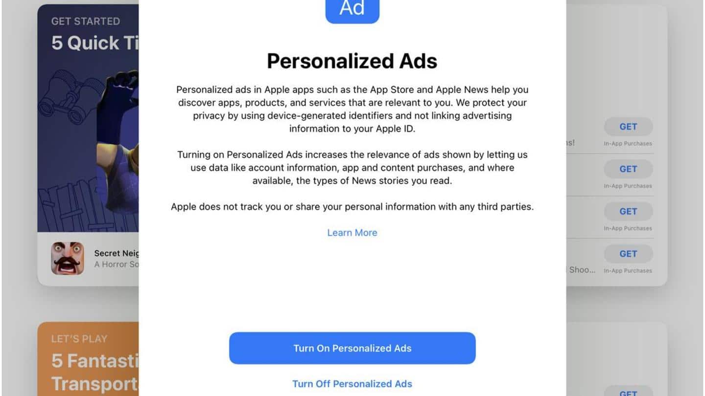 Apple's iOS 15 seeks user consent before displaying first-party ads