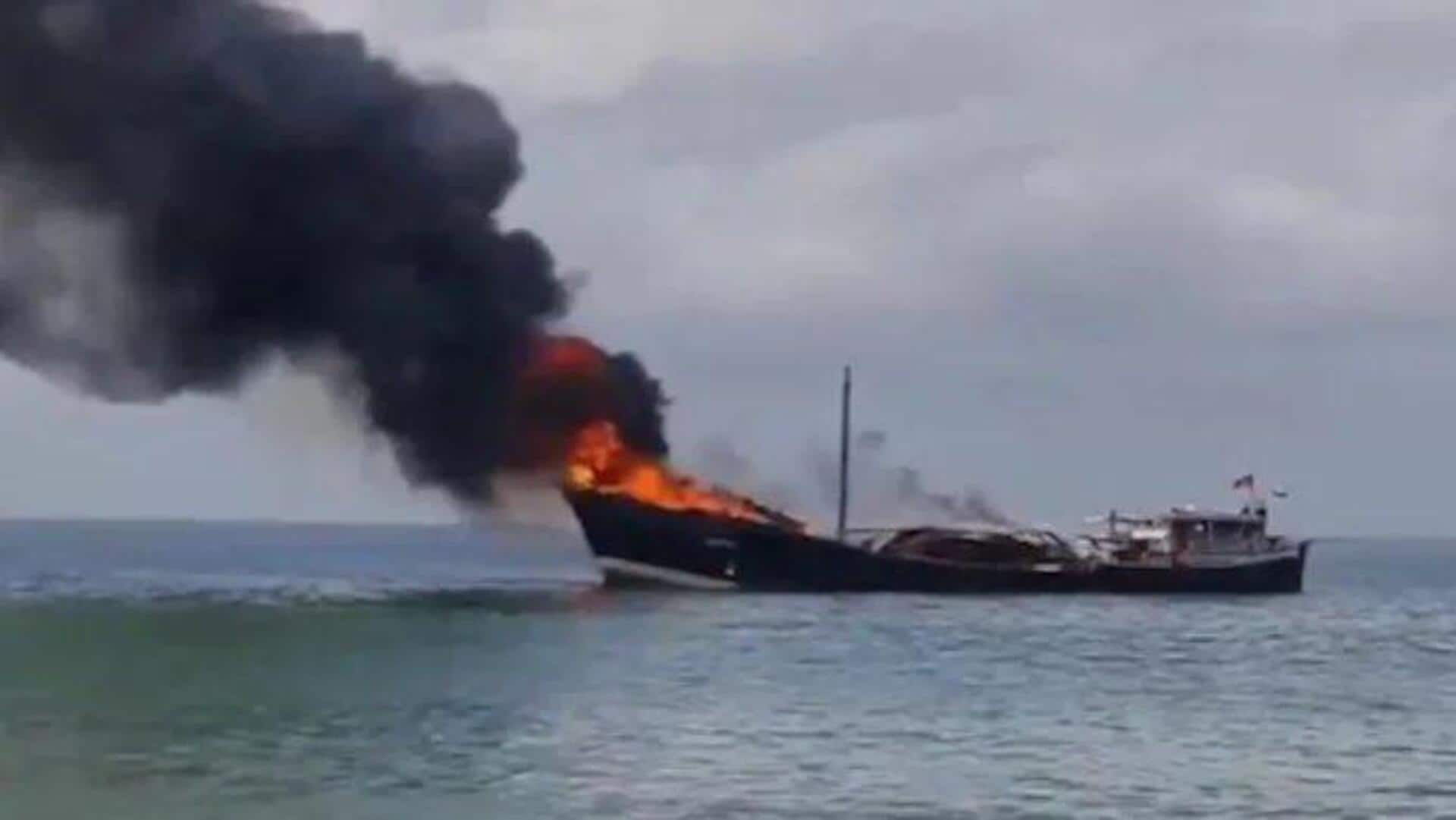 Video: Somalia-bound ship, carrying rice, catches fire at Gujarat jetty Video: Somalia-bound ship, carrying rice, catches fire at Gujarat jetty