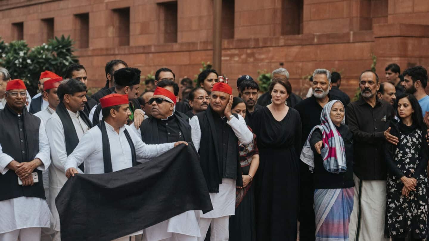 Dressed in black, opposition MPs protest 'police brutality' outside Parliament 