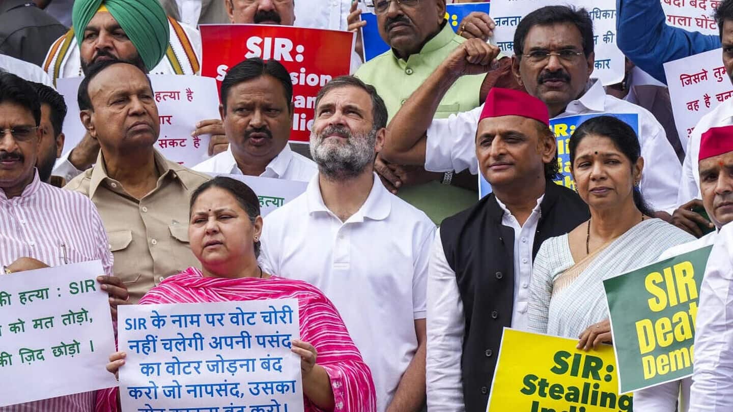 Opposition protest in Parliament complex against Bihar's electoral roll revision Opposition protest in Parliament complex against Bihar's electoral roll revision