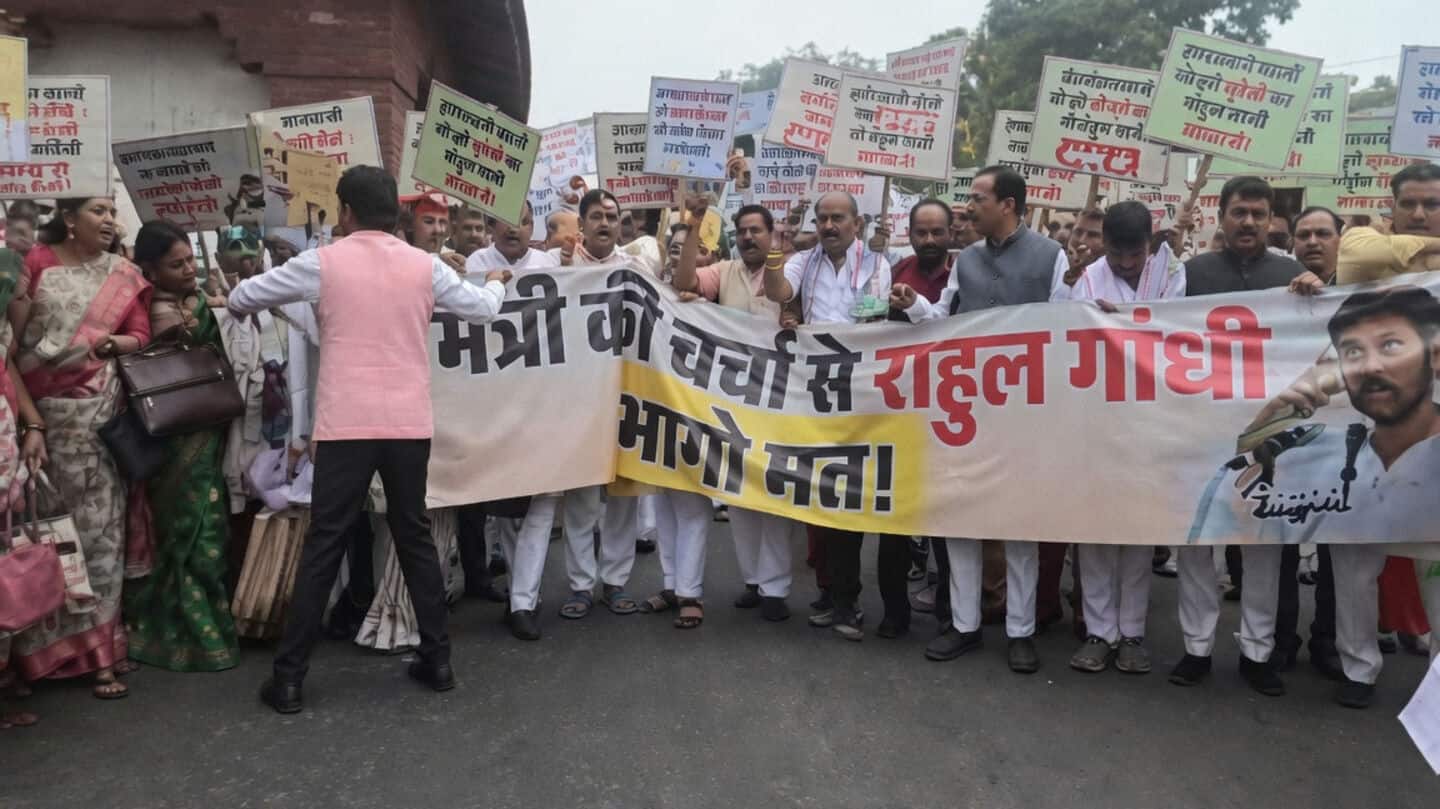 Chaos on Parliament premises as NDA, Congress MPs stage protest