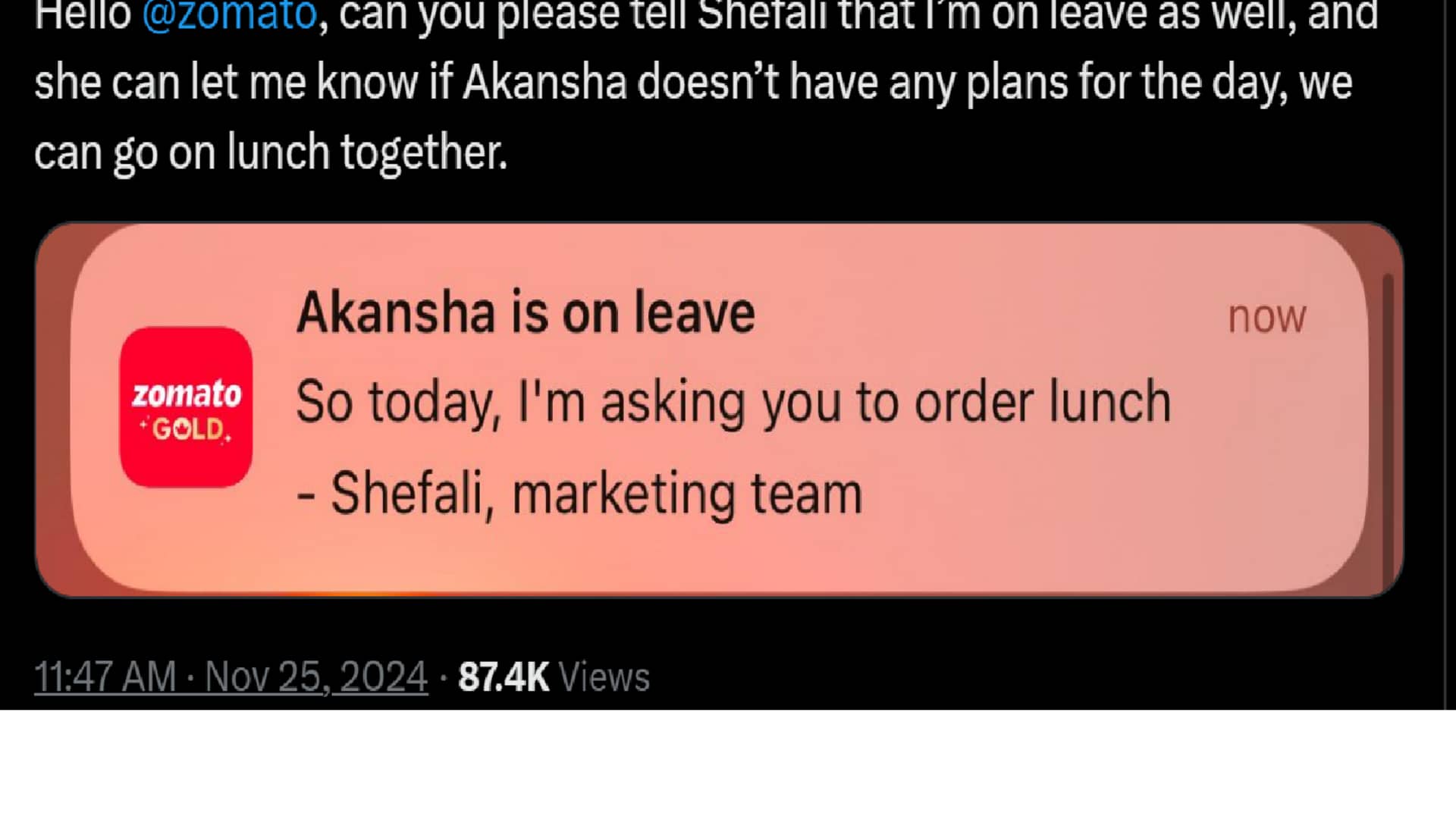 Zomato's 'Akansha' notification sparks viral response: 'I'm on leave'