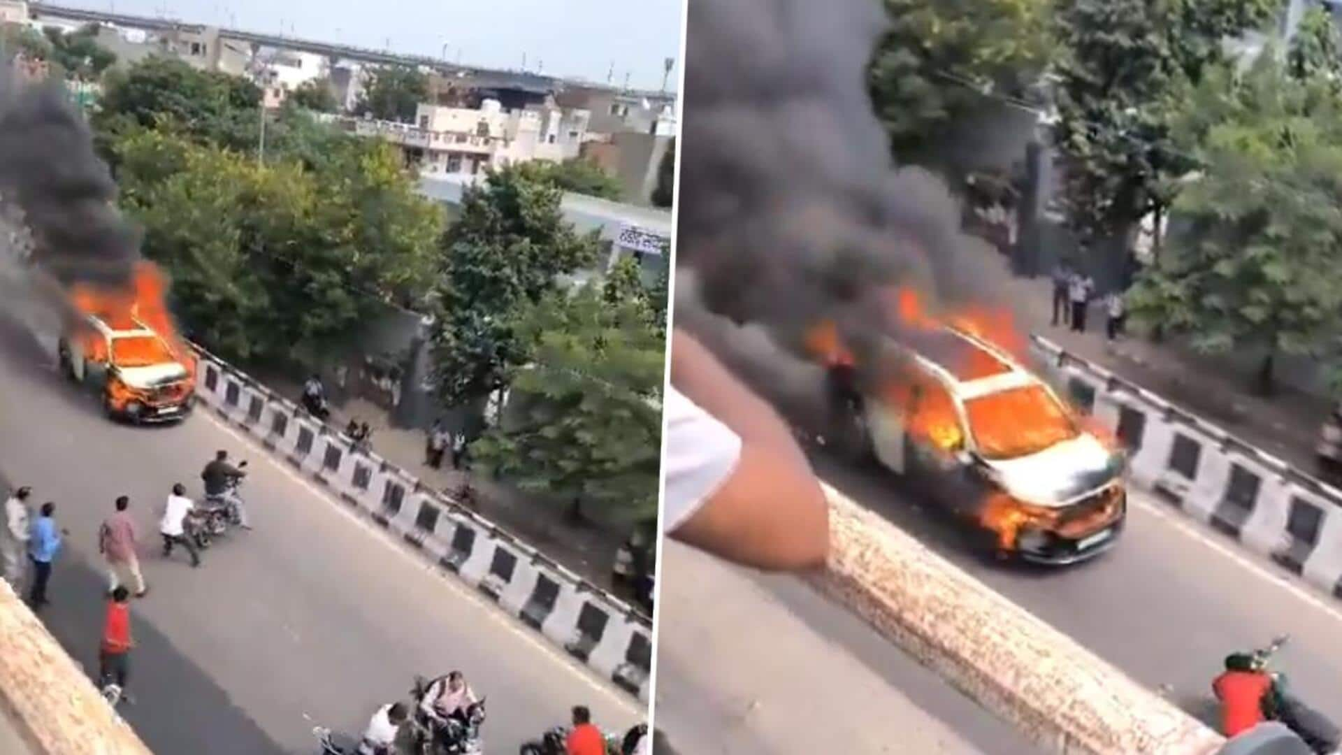 Burning car sparks panic on Jaipur road as it descends