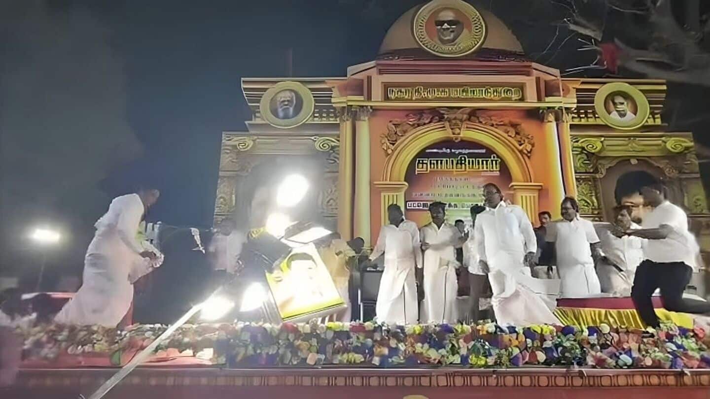 Video: Light post collapses on stage, nearly hitting DMK MP Video: Light post collapses on stage, nearly hitting DMK MP