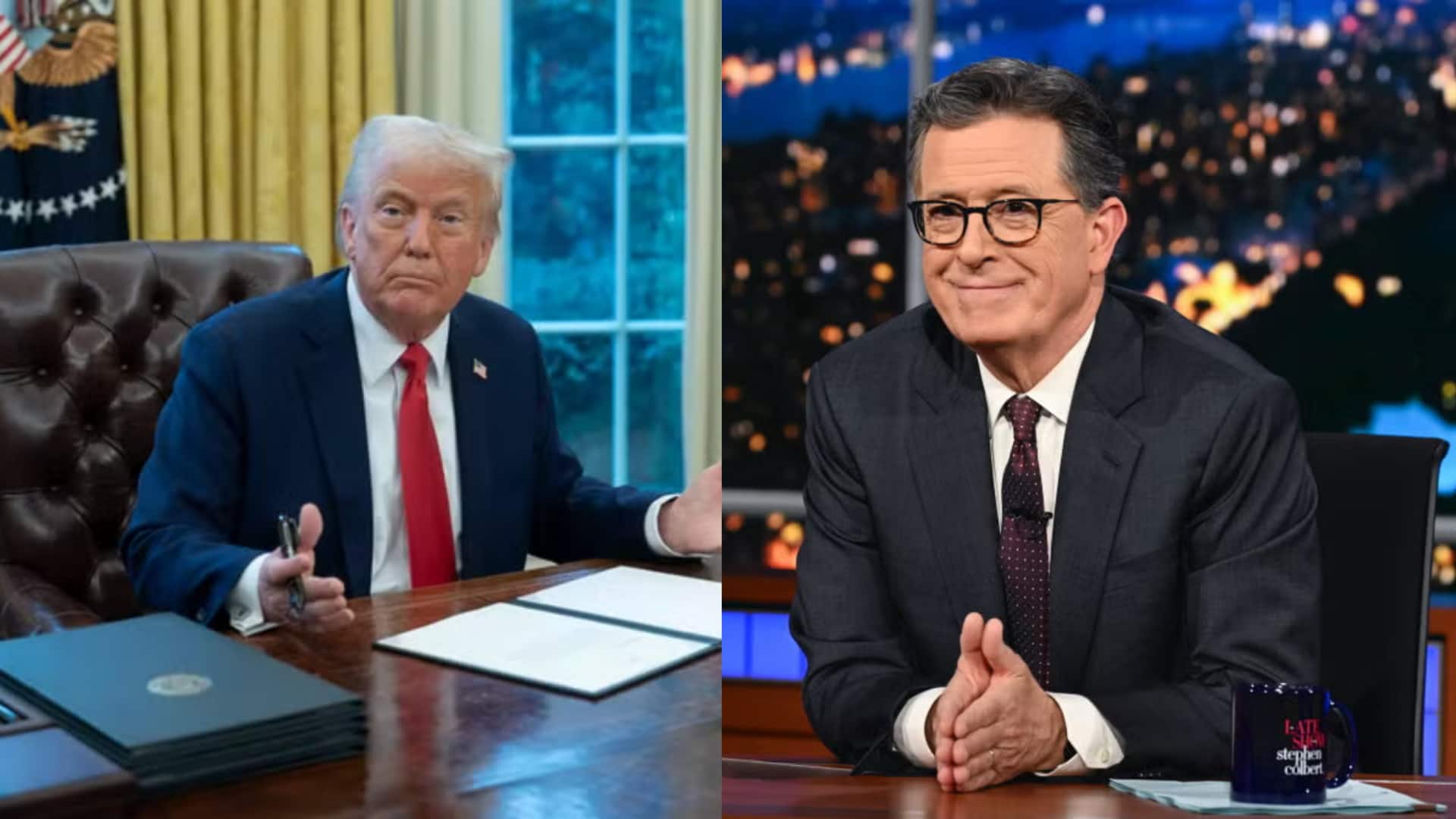 Trump shares AI video of him throwing Colbert into dumpster