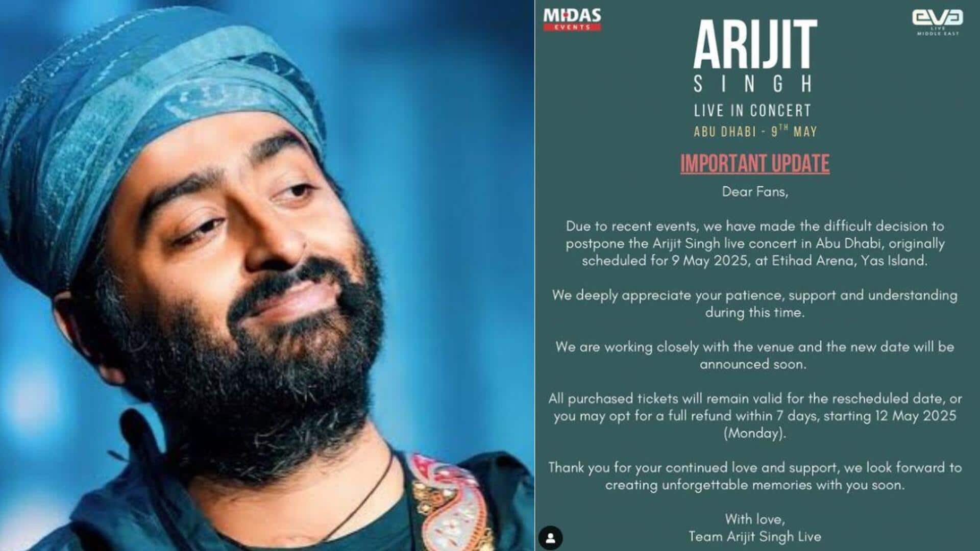Arijit Singh postpones Abu Dhabi concert amid rising India-Pakistan tensions Arijit Singh postpones Abu Dhabi concert amid rising India-Pakistan tensions