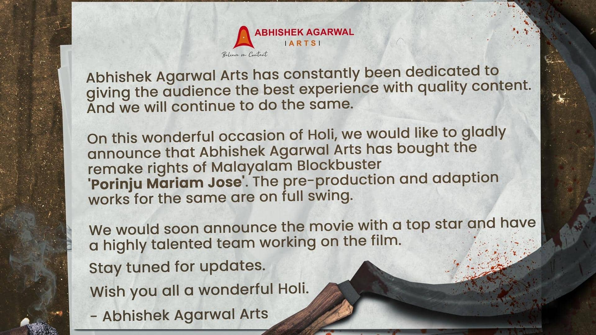 Abhishek Agarwal Arts acquires remake rights of 'Porinju Mariam Jose'