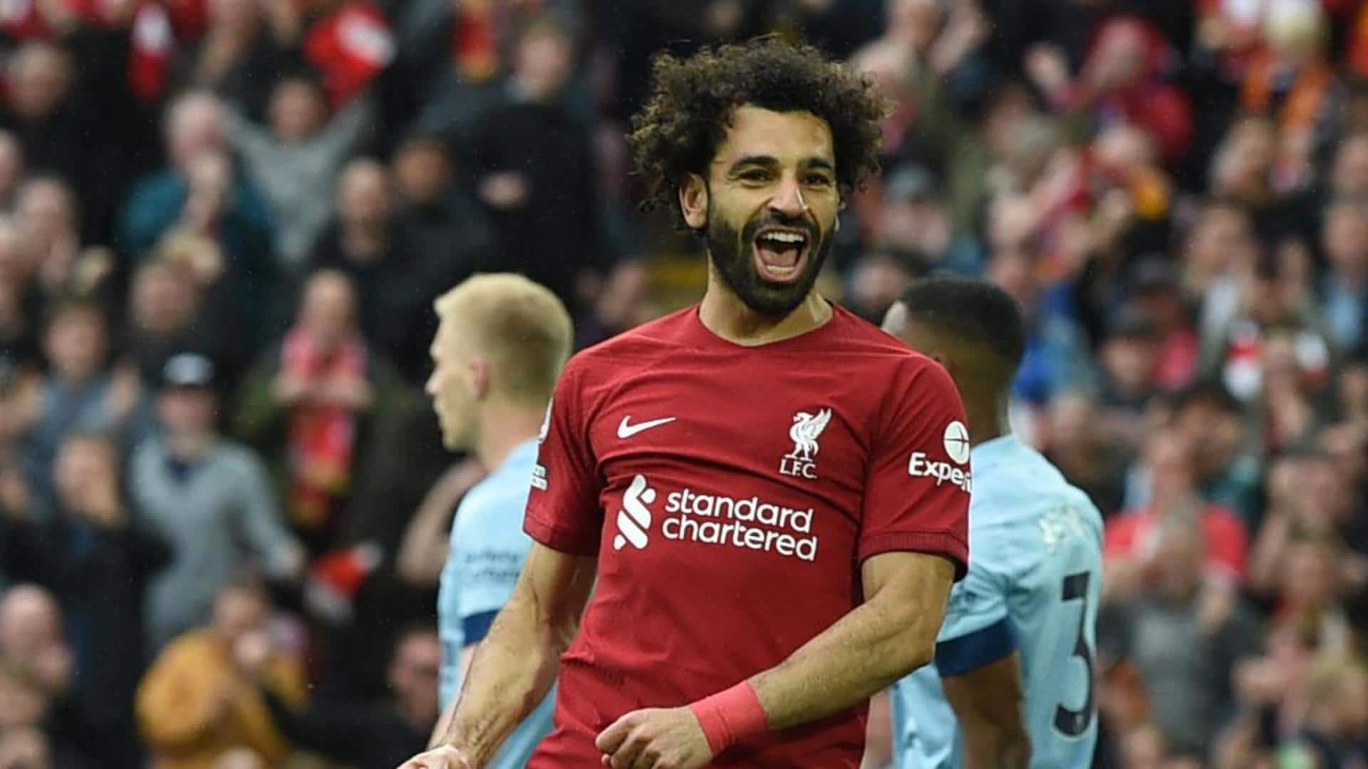 Mohamed Salah scores his 100th goal for Liverpool at Anfield