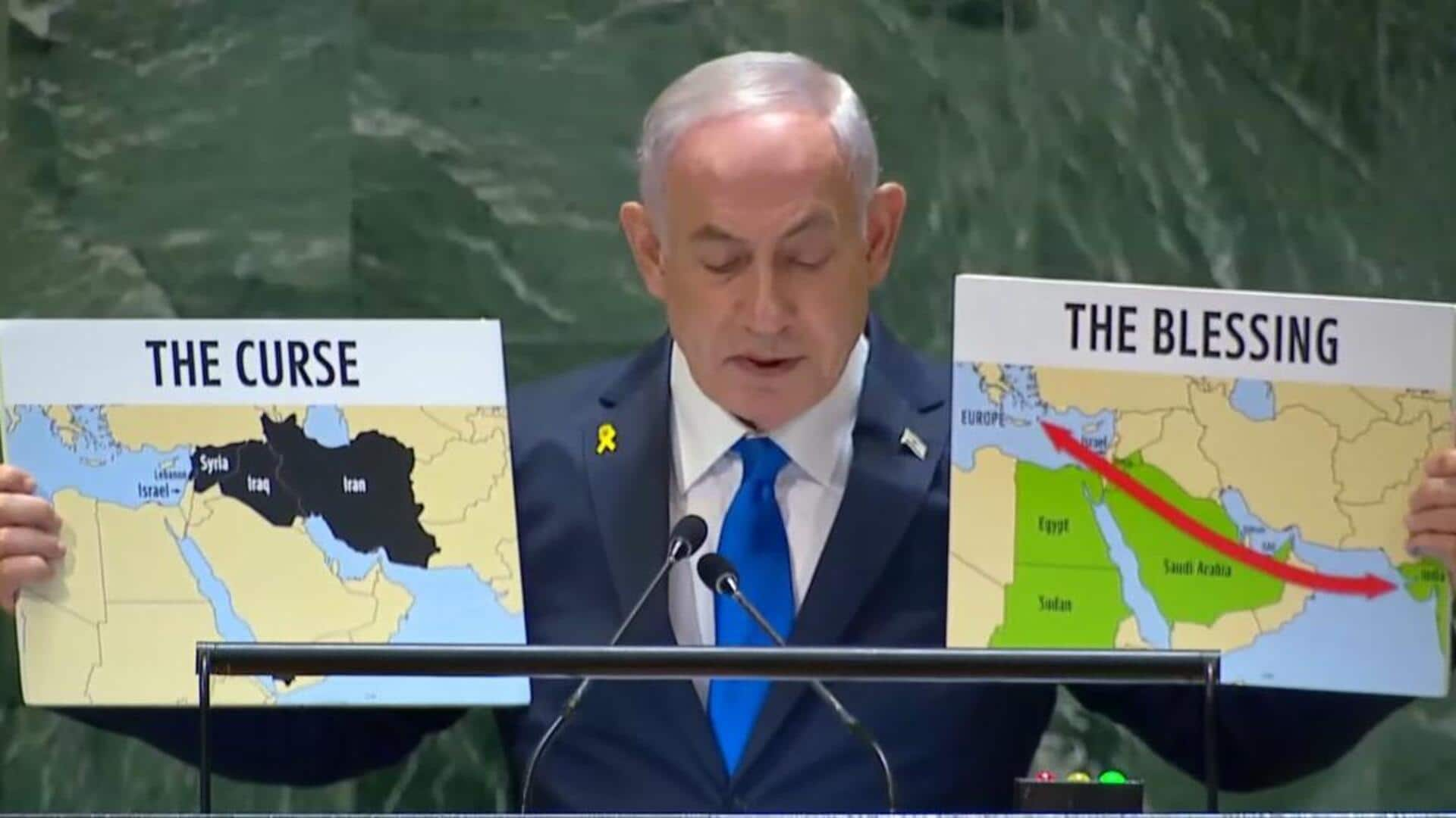 UN: Netanyahu holds map proclaiming West Bank, Gaza as Israel's 