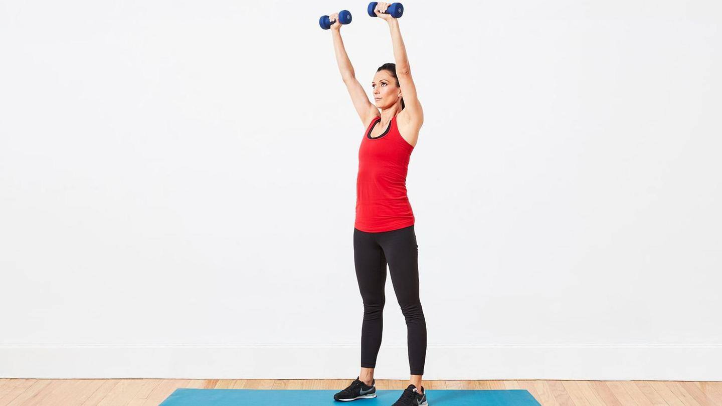 Standing shoulder press: Three sets of 15 reps Standing shoulder press: Three sets of 15 reps
