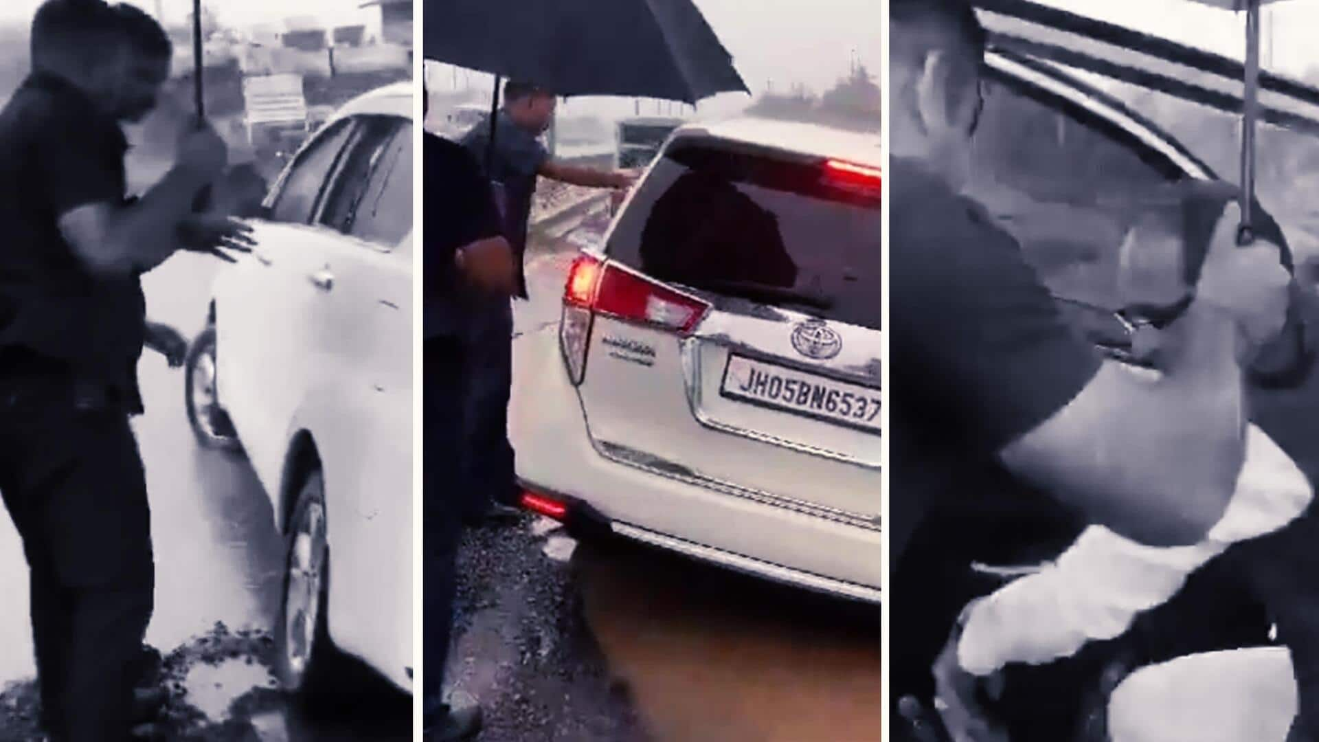 Video: Shivraj Singh's car gets stuck in pothole in Jharkhand 