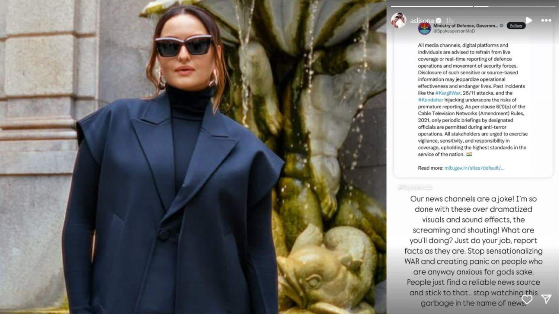 Sonakshi calls out Indian news channels for sensationalizing India-Pakistan conflict Sonakshi calls out Indian news channels for sensationalizing India-Pakistan conflict