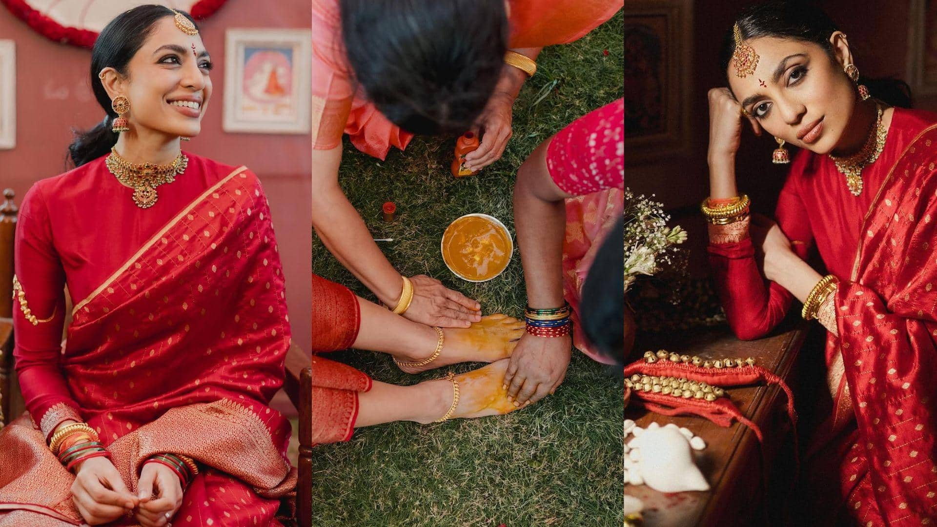 Glimpses: Bride-to-be Sobhita glows in red at 'Pelli Kuthuru' ceremony