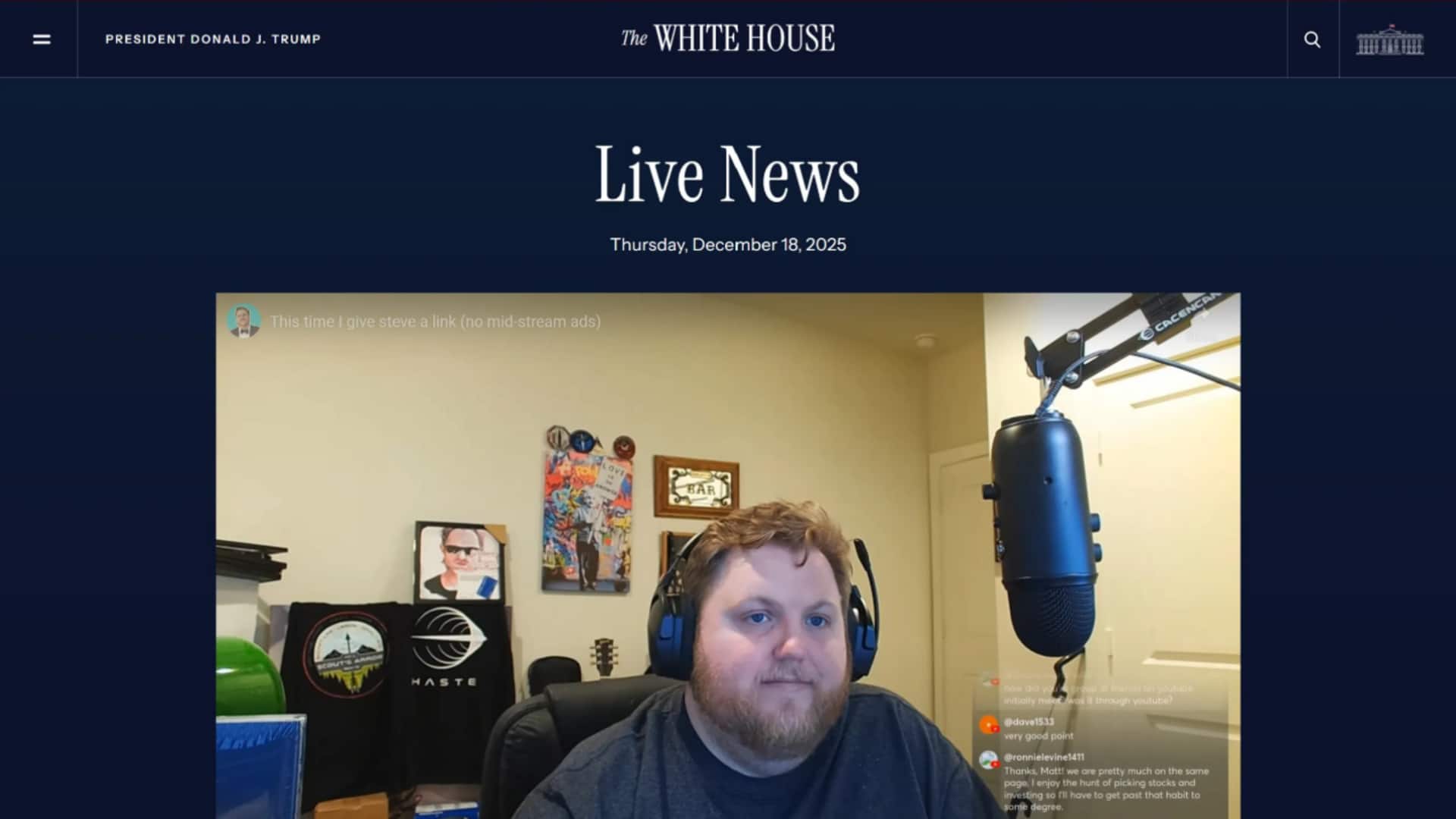 White House investigating how YouTube livestream appeared on official website 