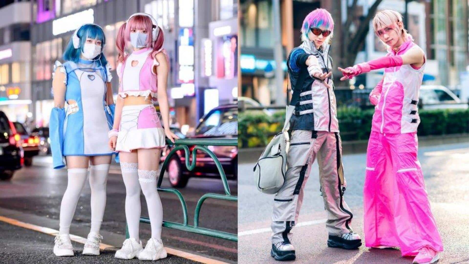 未来的なメタリックアクセントの日本ストリートファッション