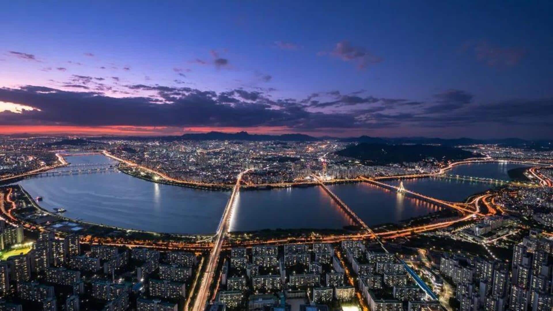 ソウルの夜の川辺と空中ゴンドラを楽しむ