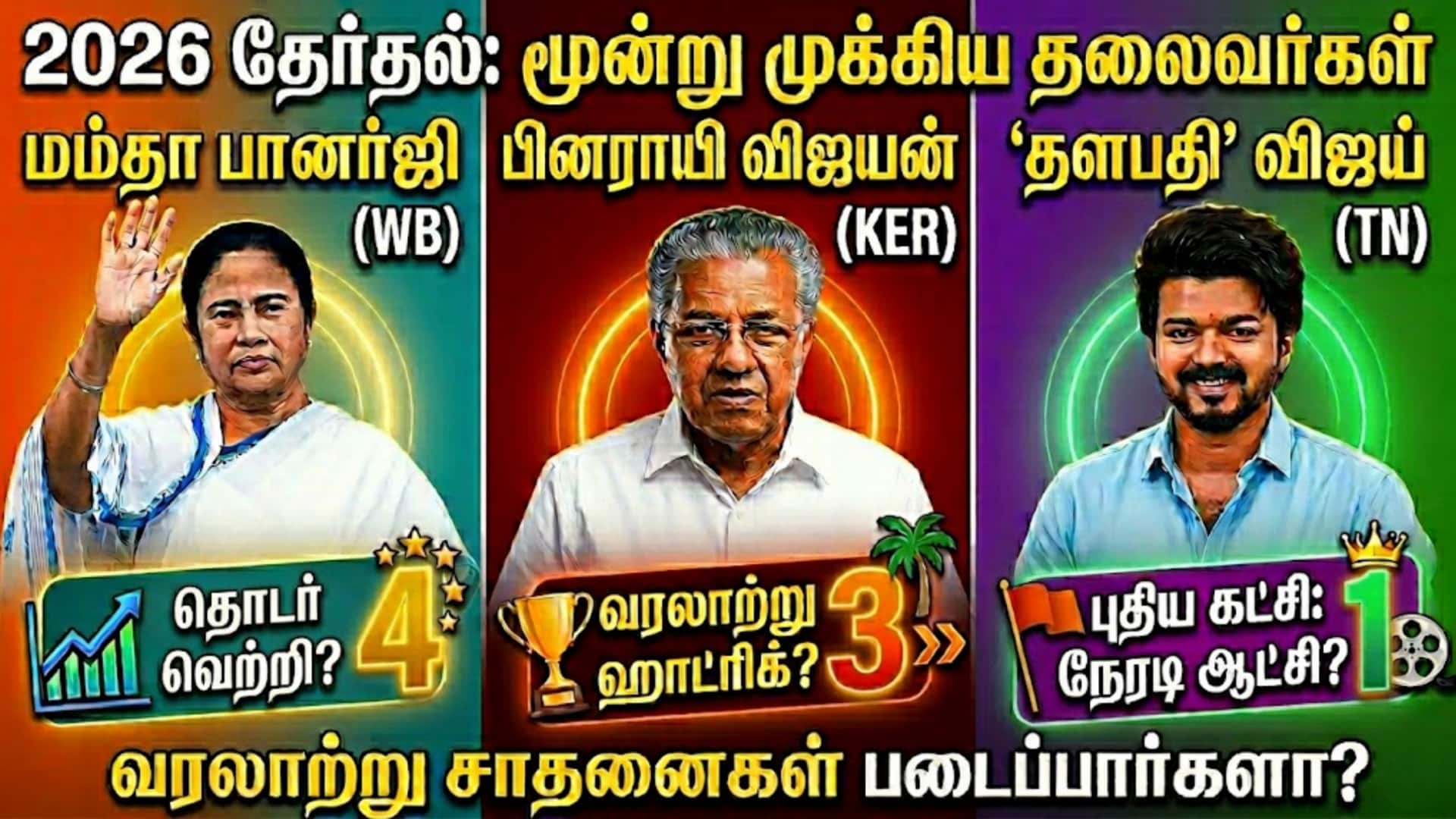 இது சாதனைகளின் தேர்தல்! மம்தா, பினராயி மற்றும் விஜய்; 2026 சட்டசபை முடிவுகளில் உருவாகும் புதிய சரித்திரம்