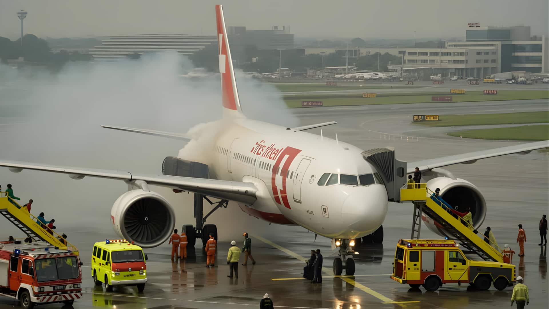 டெல்லி விமான நிலையத்தில் பதற்றம்: சுவிஸ் ஏர் விமான என்ஜினில் தீ - 6 பயணிகள் காயம்