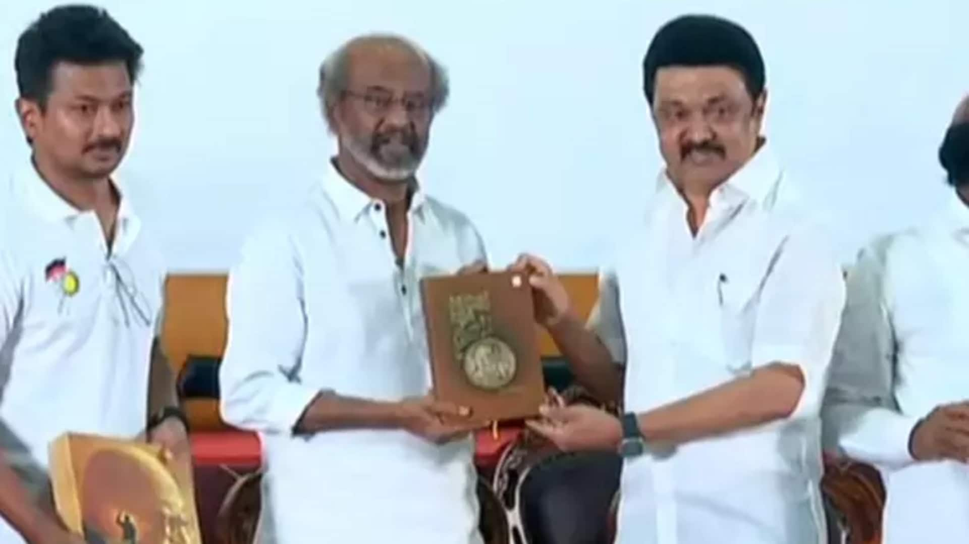 கலைஞர் எனும் தாய் புத்தகம் வெளியீடு; முதல்வர் ஸ்டாலின் வெளியிட நடிகர் ரஜினிகாந்த் பெற்றுக் கொண்டார்