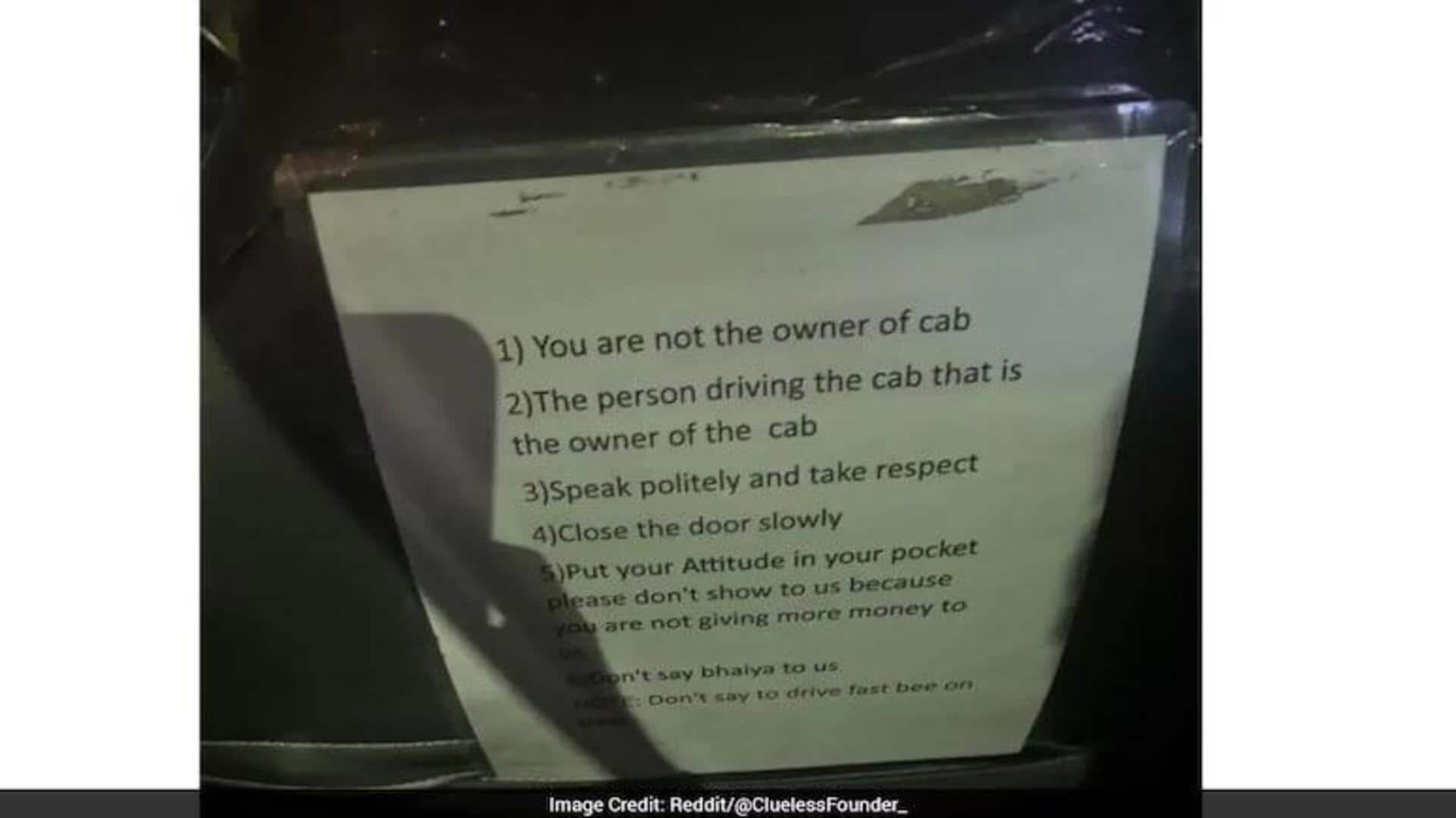 Bengaluru: 'మమ్మల్ని 'భయ్యా' అని పిలవొద్దు'.. బెంగళూరు క్యాబ్‌ డ్రైవర్ ఏర్పాటు చేసిన ఆరు నిబంధనల‌ బోర్డు నెట్టింట‌ వైరల్ 