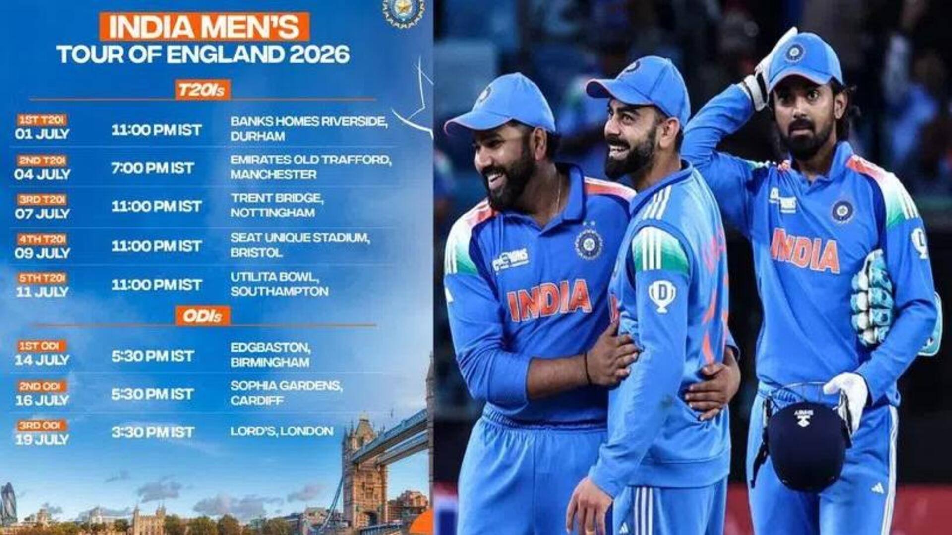 ENG vs IND : ఇంగ్లాండ్ పర్యటనకు టీమిండియా.. 2026 షెడ్యూల్ విడుదల చేసిన బీసీసీఐ ENG vs IND : ఇంగ్లాండ్ పర్యటనకు టీమిండియా.. 2026 షెడ్యూల్ విడుదల చేసిన బీసీసీఐ