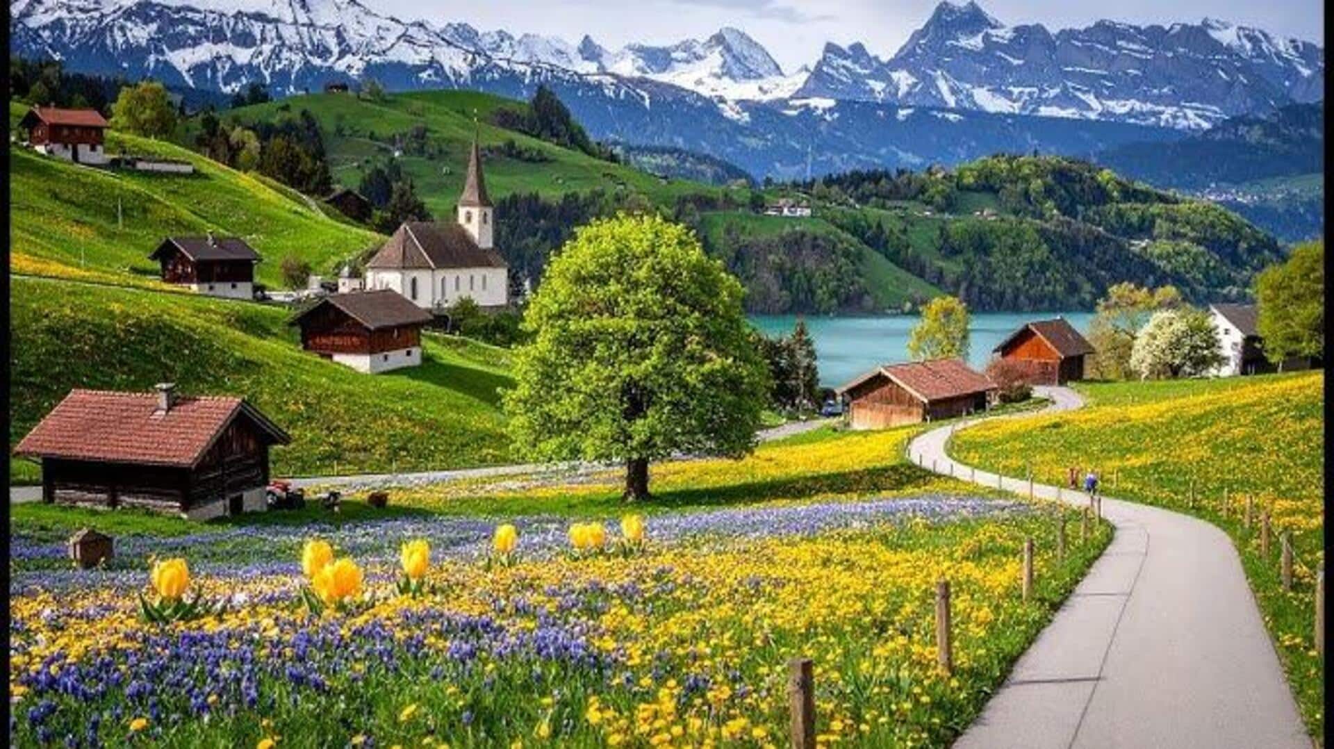 หมู่บ้านแอลป์ในสวิตเซอร์แลนด์ที่มีวิวภูเขาที่สวยงาม