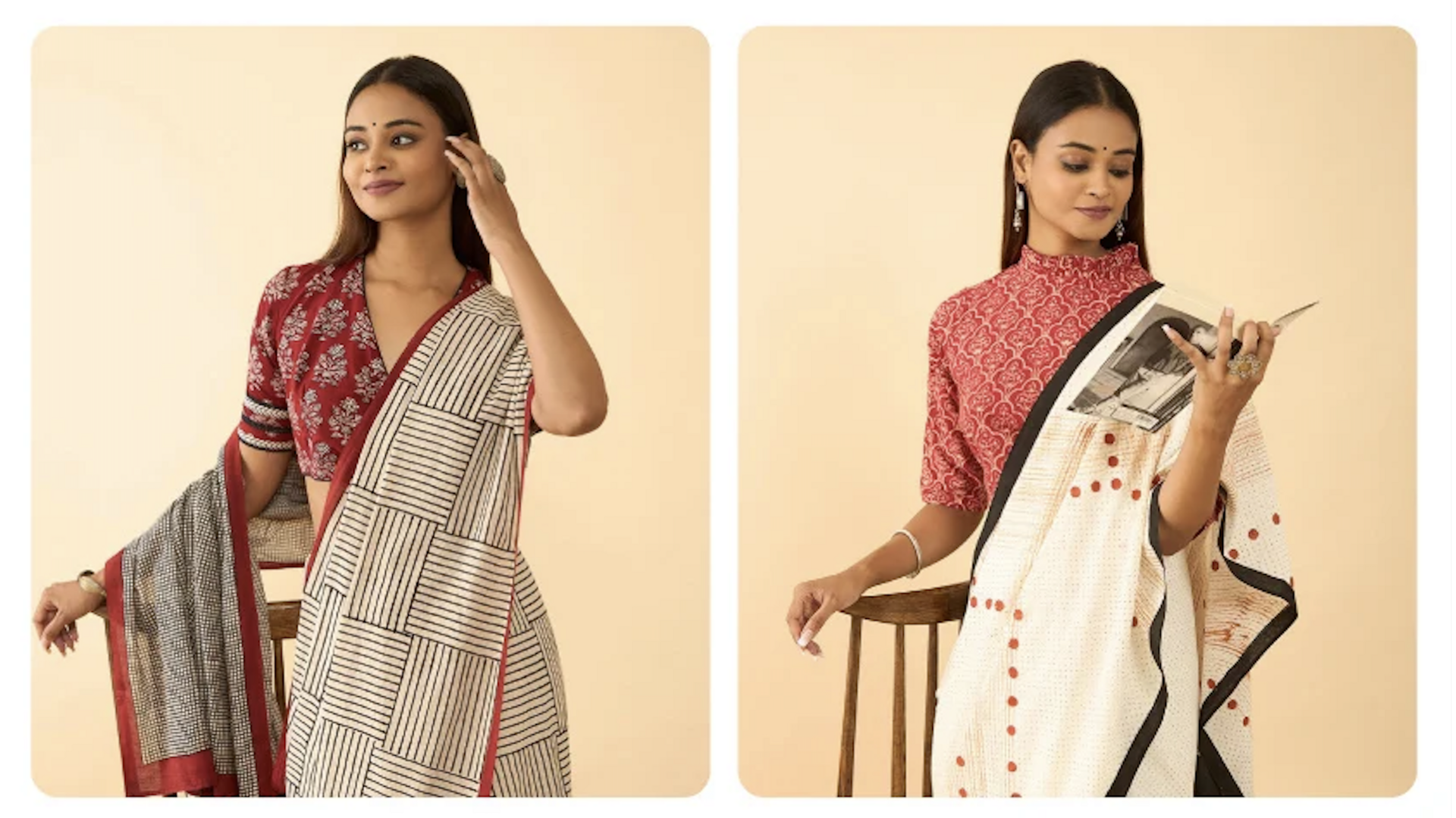 5 ลุคแฟชั่นส่าหรีชีฟองแมตช์ผ้าฝ้ายผสมแคชเมียร์สุดหรู