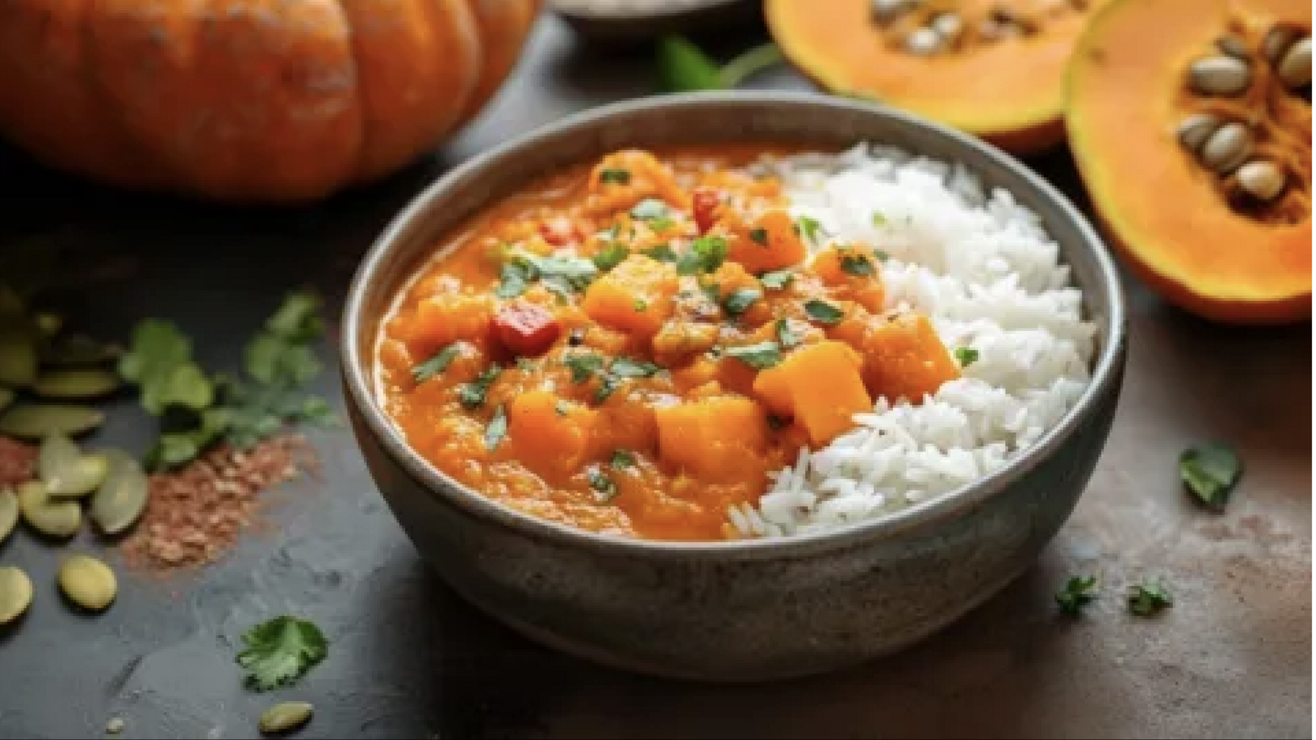 แกงฟักทองกับยี่หร่าและผักชีฝรั่งสด